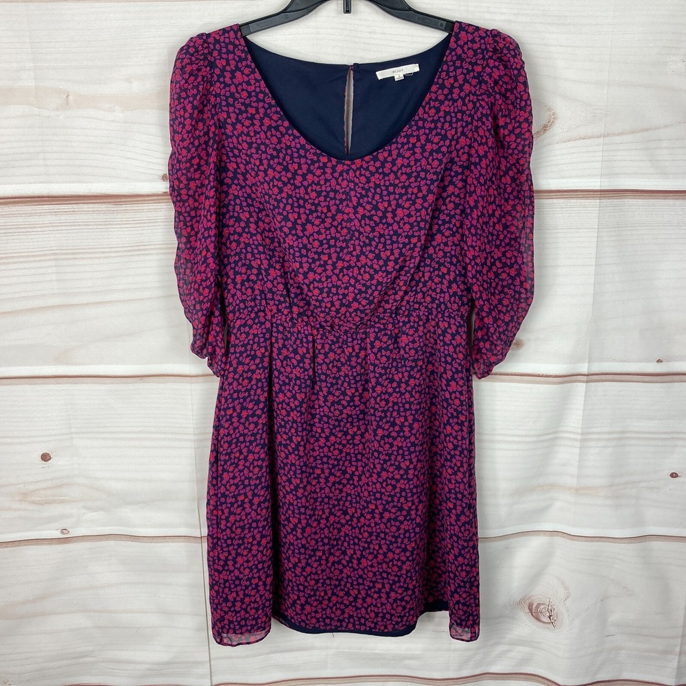Eliot Dress Womens 4 Silk Floral Shift Mini Scoop Neck Ruched Sleeve Purple Blue